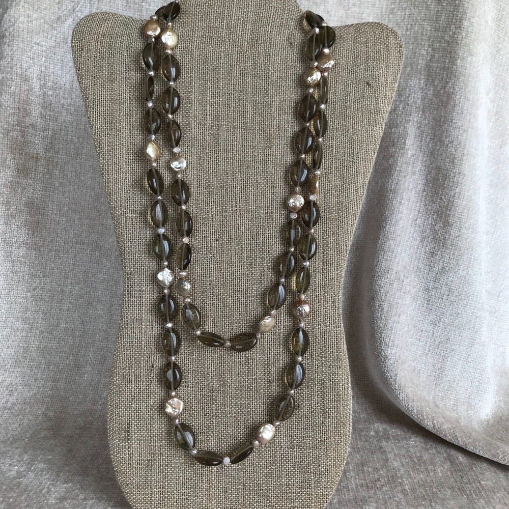 Smoky Quartz and Freshwater Pearl Long Necklace